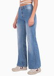 Jean tiro alto bota ancha color azul, denim para mujer - Flashy