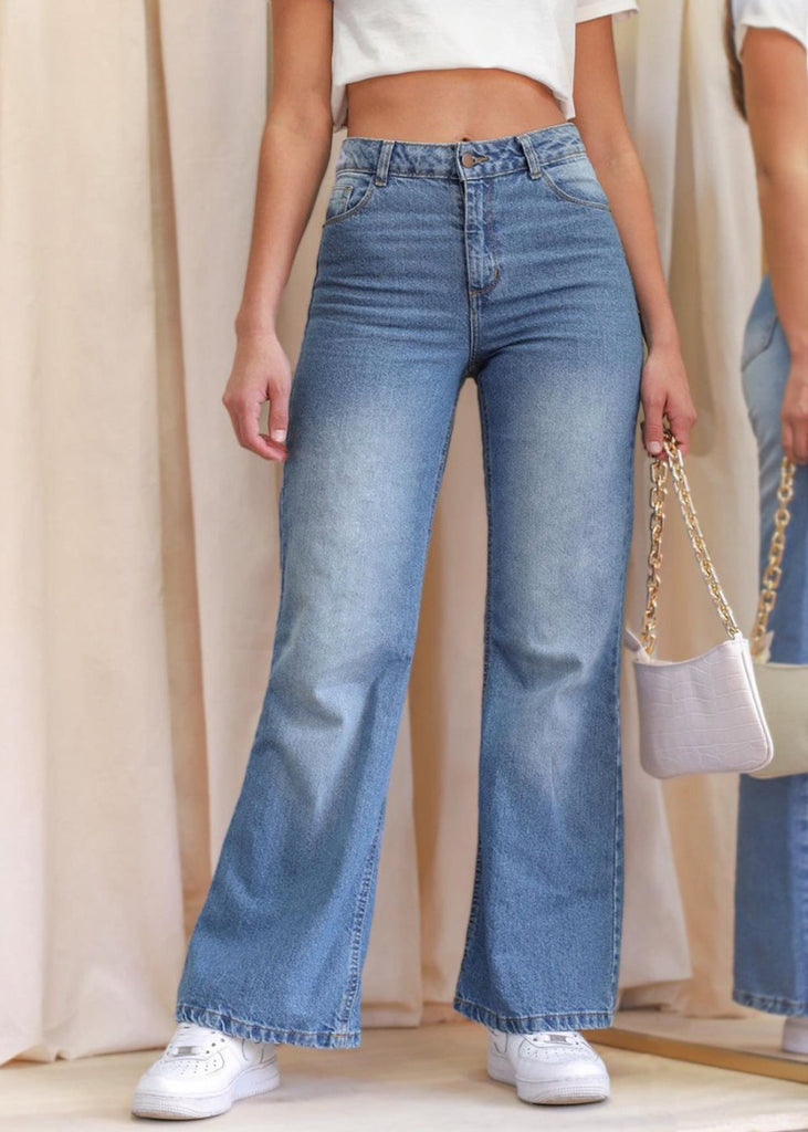 Jean tiro alto bota ancha color azul, denim para mujer - Flashy