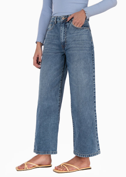 Jean wide leg corto tiro alto color azul, denim para mujer - Flashy