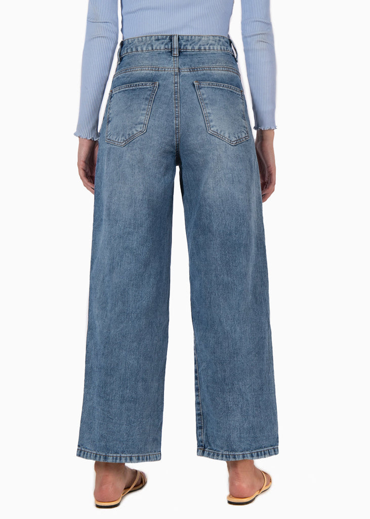 Jean wide leg corto tiro alto color azul, denim para mujer - Flashy