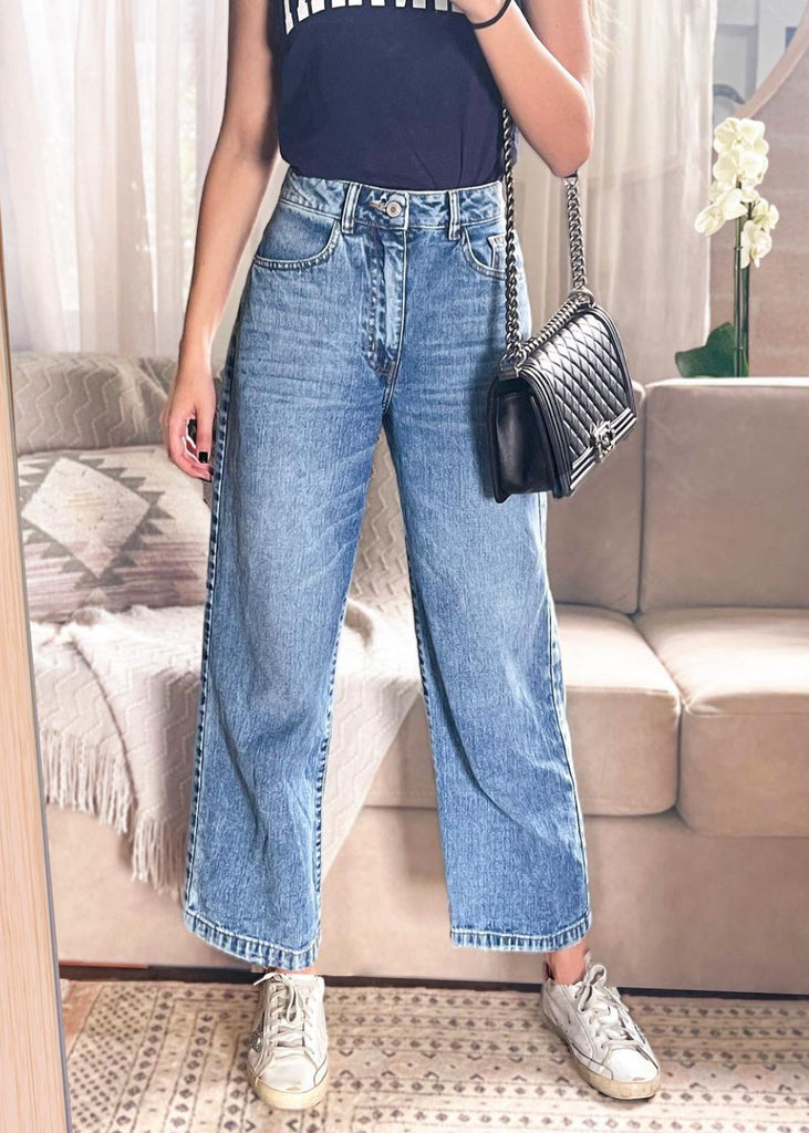Jean wide leg corto tiro alto color azul, denim para mujer - Flashy