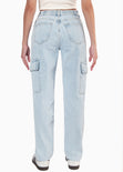 Jean tiro medio recto tipo cargo color azul, denim para mujer - Flashy