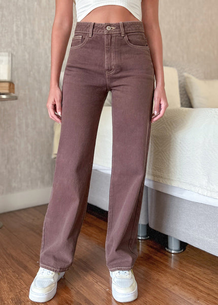 Jean tiro alto wide leg color café, denim para mujer - Flashy