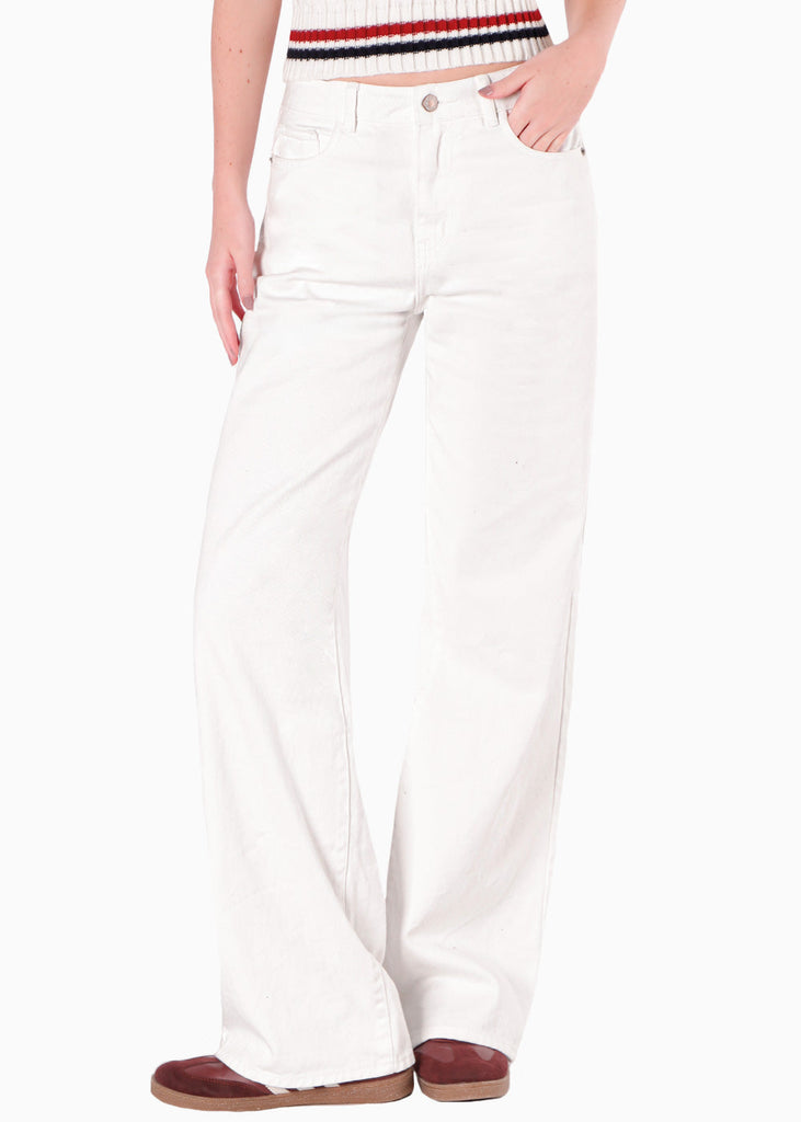 Jean wide leg tiro medio color blanco, marfil para mujer - Flashy