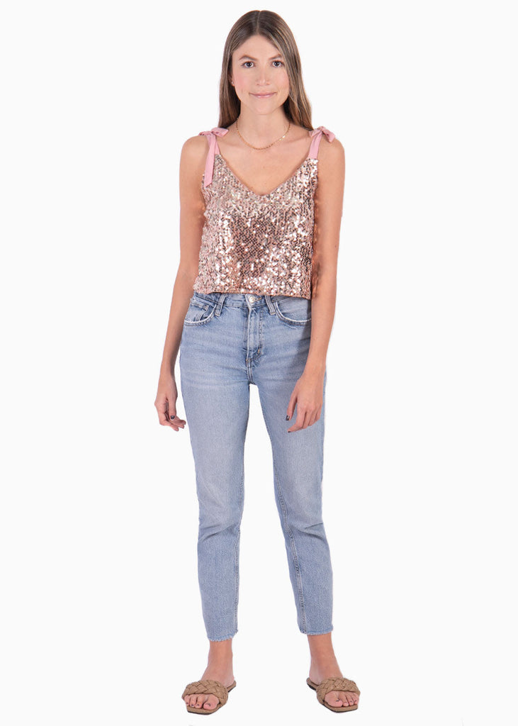 Blusa corta de tiras con anudados y lentejuelas para mujer - Flashy