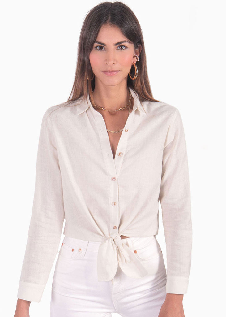 Blusa manga larga de lino con anudado en frente color blanco, marfil para mujer - Flashy
