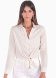 Blusa manga larga de lino con anudado en frente color blanco, marfil para mujer - Flashy