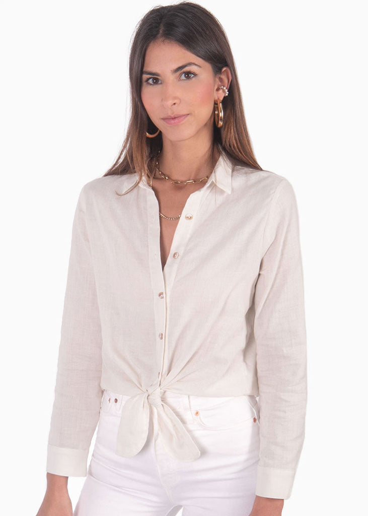Blusa manga larga de lino con anudado en frente color blanco, marfil para mujer - Flashy