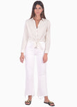 Blusa manga larga de lino con anudado en frente color blanco, marfil para mujer - Flashy