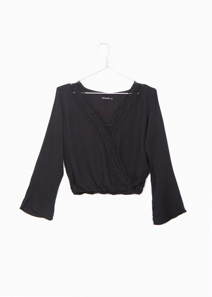 Blusa cruzada con encaje manga larga para mujer - Flashy