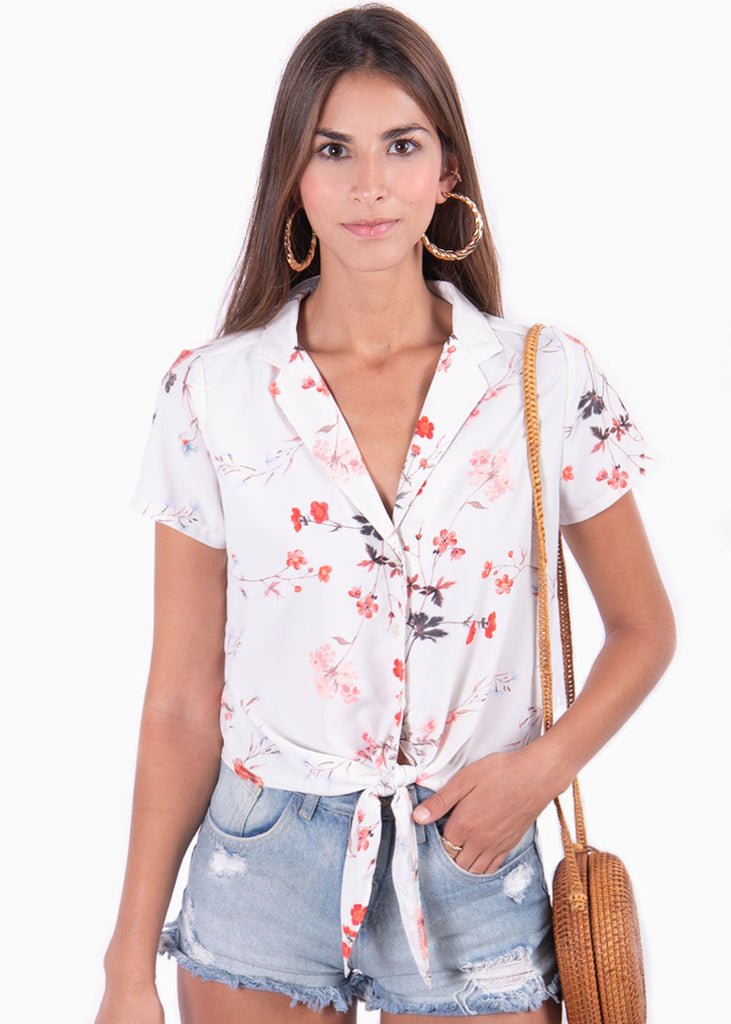 Blusa manga corta con anudado y estampado de flores para mujer - Flashy