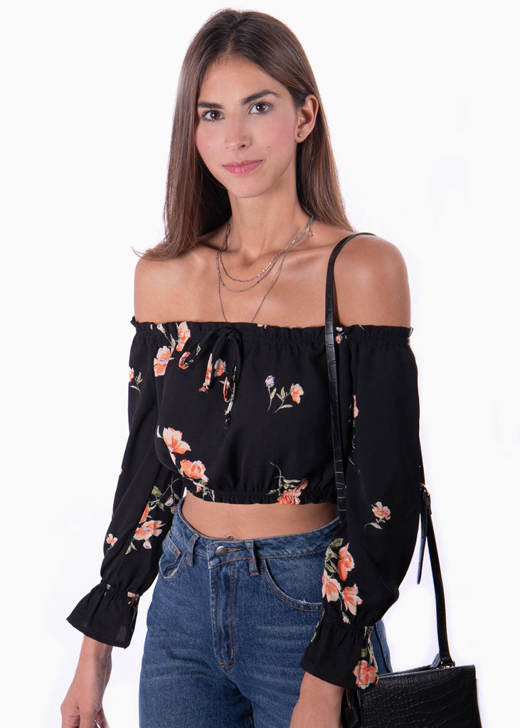 Blusa color negro campesina con estampado de flores para mujer flashy