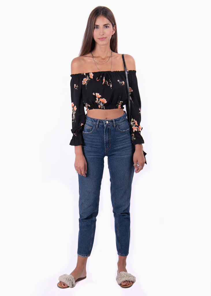 Blusa color negro campesina con estampado de flores para mujer flashy
