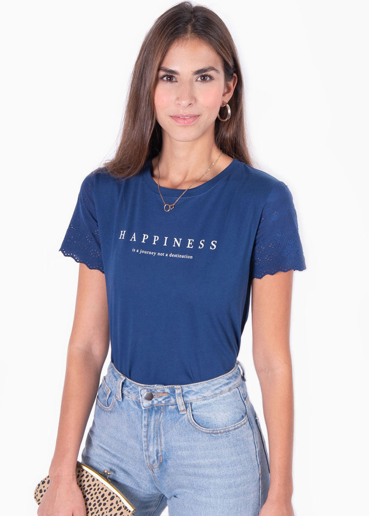 Camiseta estampada con mangas de ojalillo "Happiness" para mujer - Flashy