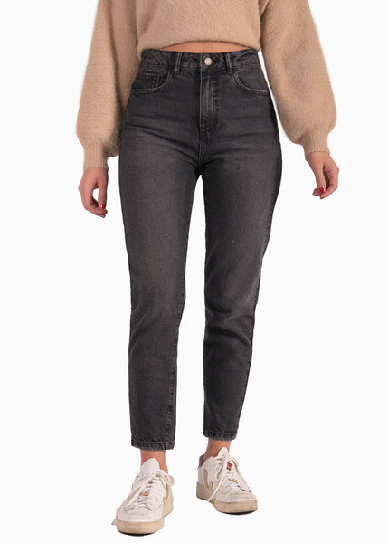 Mom jean color negro, denim para mujer - Flashy