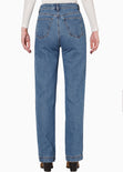 Mom recto de tiro alto color azul, denim para mujer - Flashy