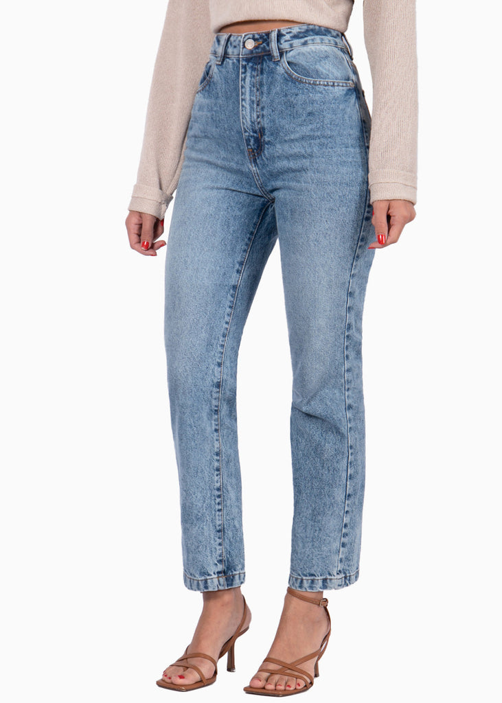 Mom jean recto color azul, denim para mujer - Flashy