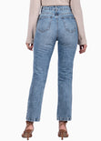 Mom jean recto color azul, denim para mujer - Flashy