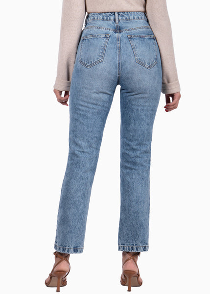 Mom jean recto color azul, denim para mujer - Flashy
