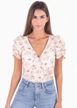 Blusa manga corta con estampado de flores y escote cruzado para mujer - Flashy