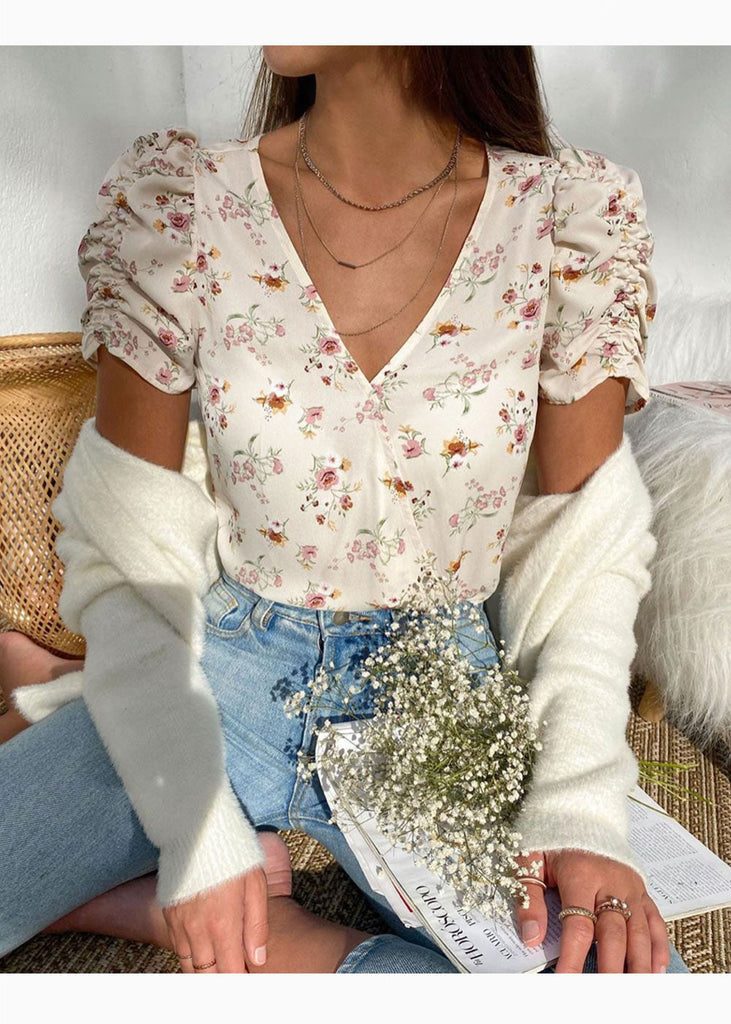 Blusa manga corta con estampado de flores y escote cruzado para mujer - Flashy