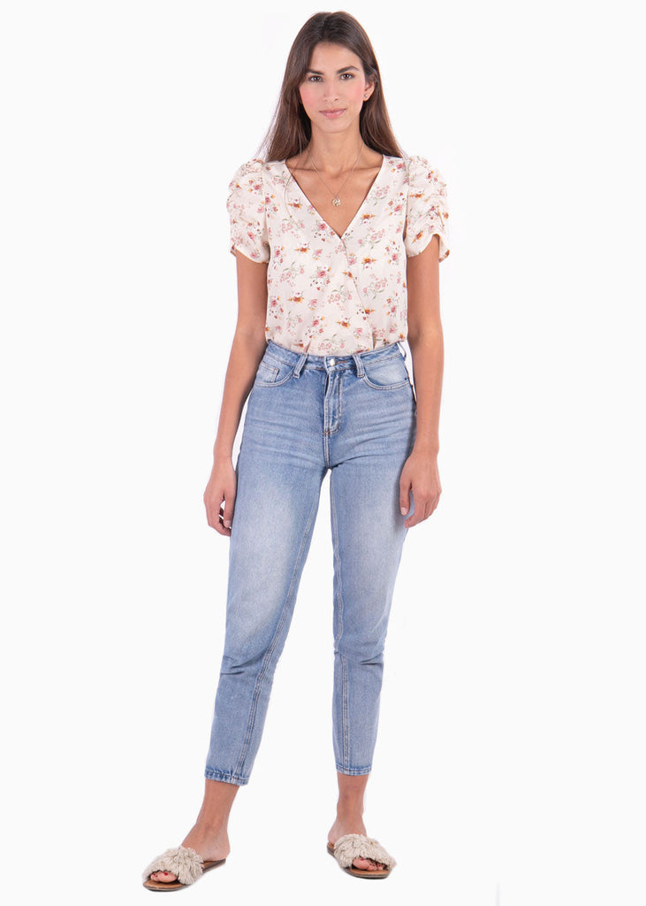 Blusa manga corta con estampado de flores y escote cruzado para mujer - Flashy