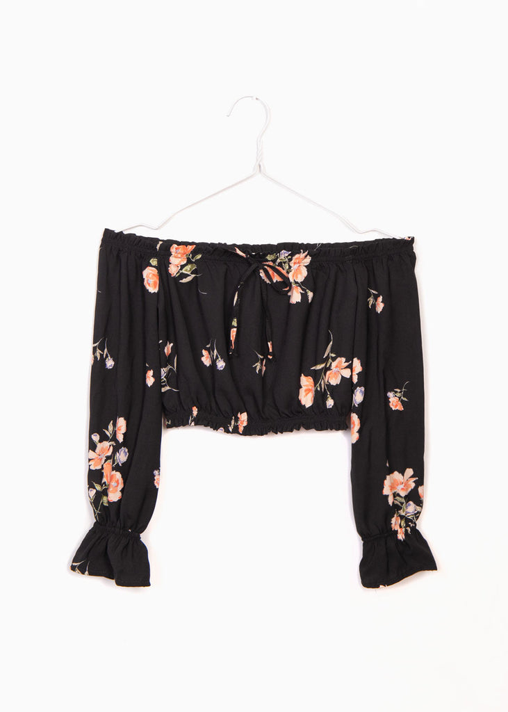 Blusa color negro campesina con estampado de flores para mujer flashy