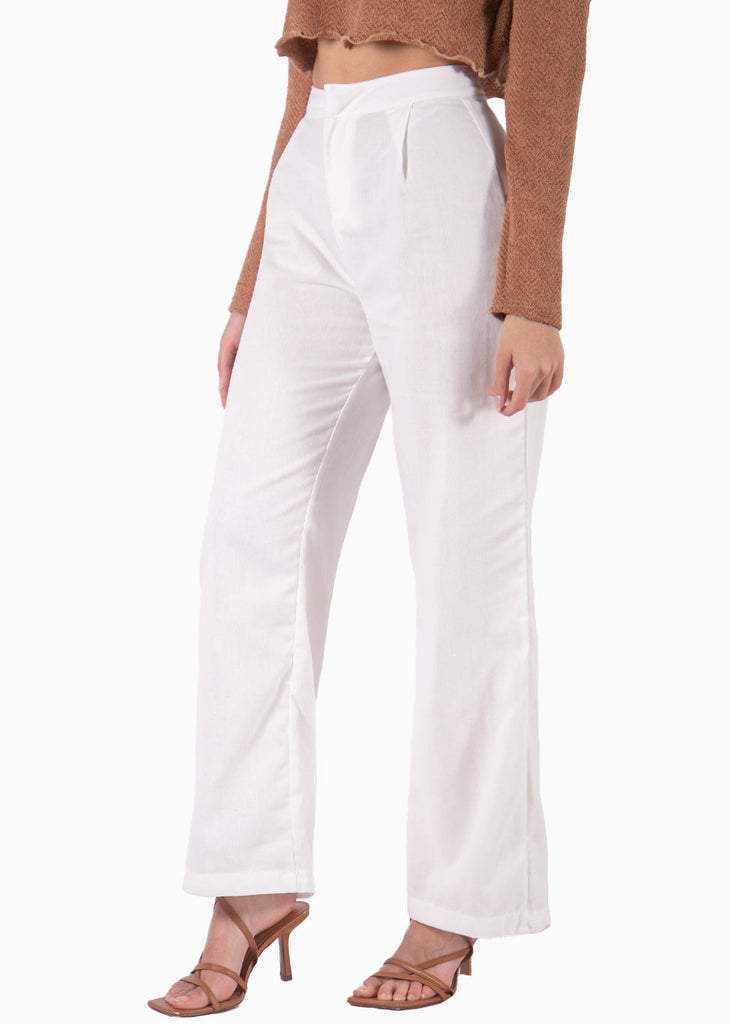 Pantalón de lino wide leg tiro alto color blanco, marfil para mujer - Flashy