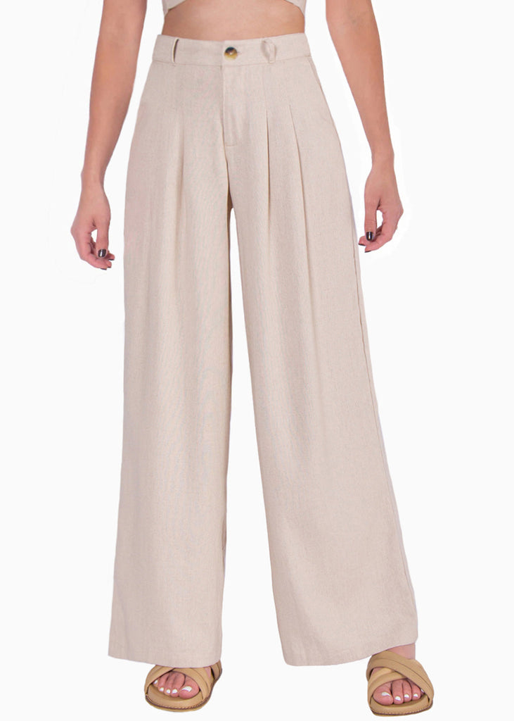 Pantalón tipo sastre palazzo de tiro alto color beige para mujer - Flashy