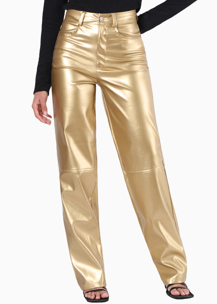 Pantalón recto con efecto metalizado y de tiro alto color dorado para mujer - Flashy