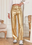 Pantalón recto con efecto metalizado y de tiro alto color dorado para mujer - Flashy