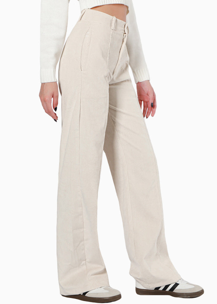 Pantalón recto de corduroy color beige para mujer - Flashy