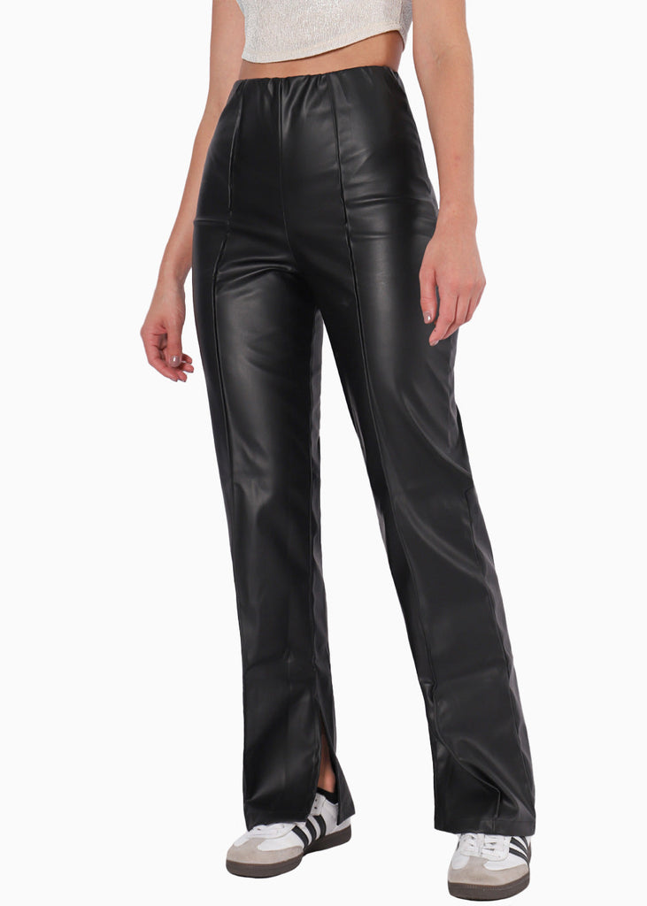 Pantalón recto tipo cuero de tiro alto color negro para mujer - Flashy