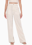 Pantalón recto tipo lino con tiro alto y bolsillos color beige para mujer - Flashy