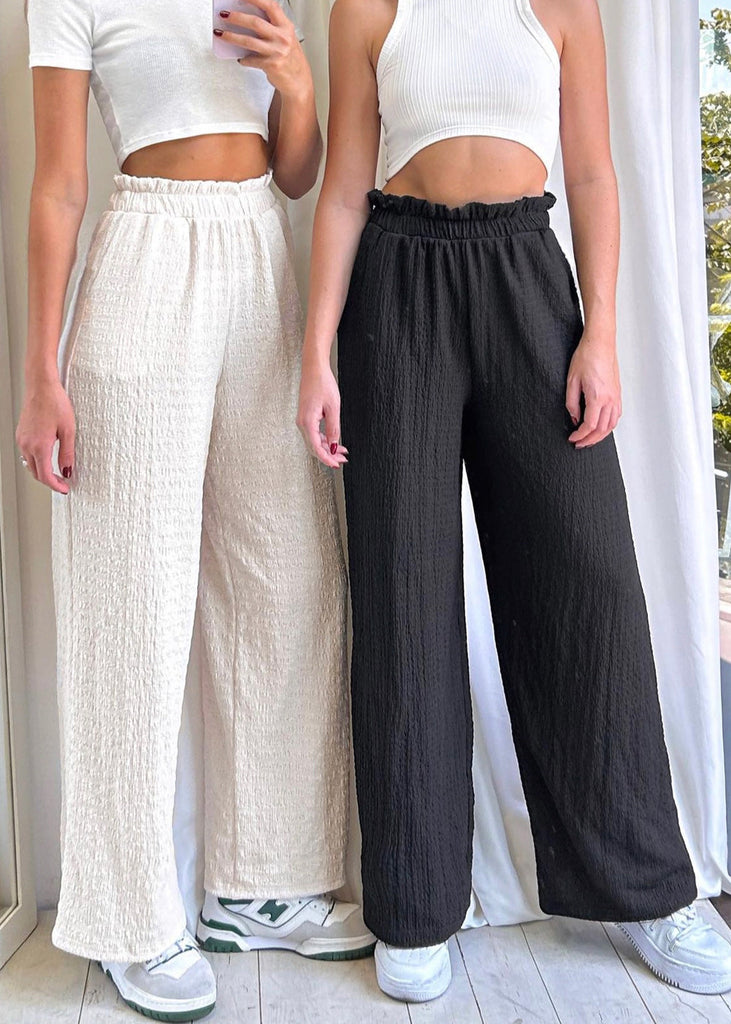 Pantalón recto tiro alto con elástico en cintura color beige para mujer - Flashy