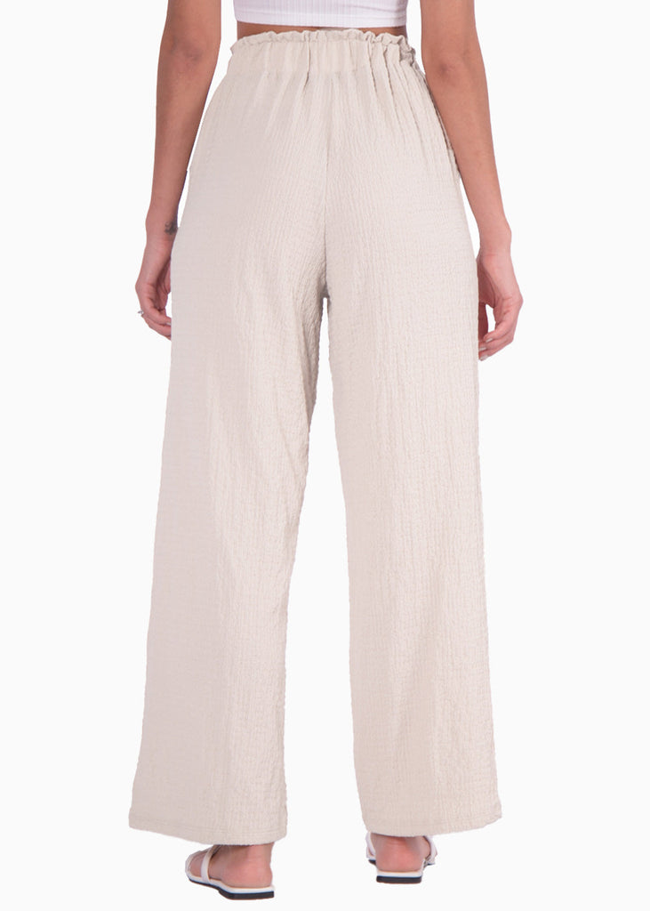 Pantalón recto tiro alto con elástico en cintura color beige para mujer - Flashy