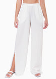 Pantalón recto tiro alto con elástico en cintura color marfil para mujer - Flashy
