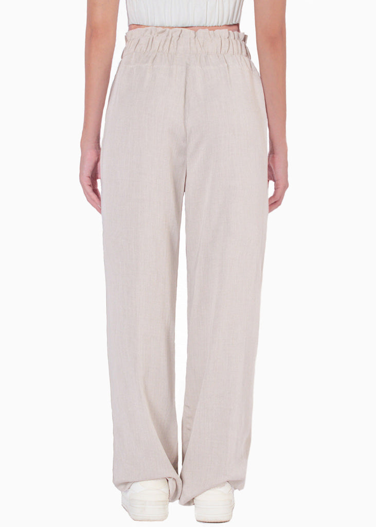 Pantalón recto tiro alto con elástico en cintura y bolsillos color beige para mujer - Flashy