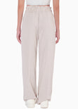 Pantalón recto tiro alto con elástico en cintura y bolsillos color beige para mujer - Flashy