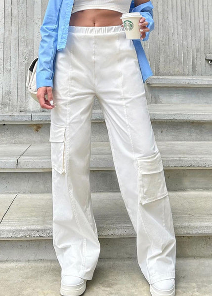 Pantalón tipo cargo con elástico y bolsillos laterales color marfil para mujer - Flashy