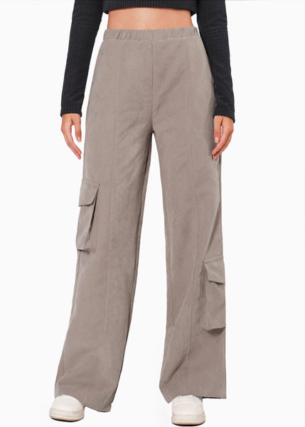 Pantalón tipo cargo con elástico y bolsillos laterales color gris para mujer - Flashy