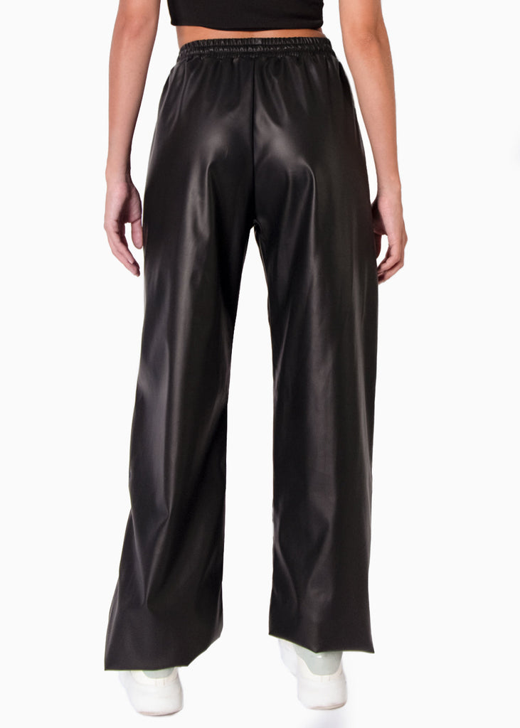Pantalón tipo cuero recto con elástico en cintura color negro para mujer - Flashy
