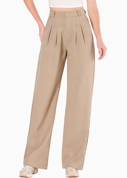 Pantalón wide leg con prenses color beige para mujer - Flashy