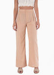 Pantalón wide leg tiro alto de lino color beige para mujer - Flashy