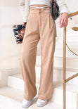 Pantalón wide leg tiro alto de lino color beige para mujer - Flashy