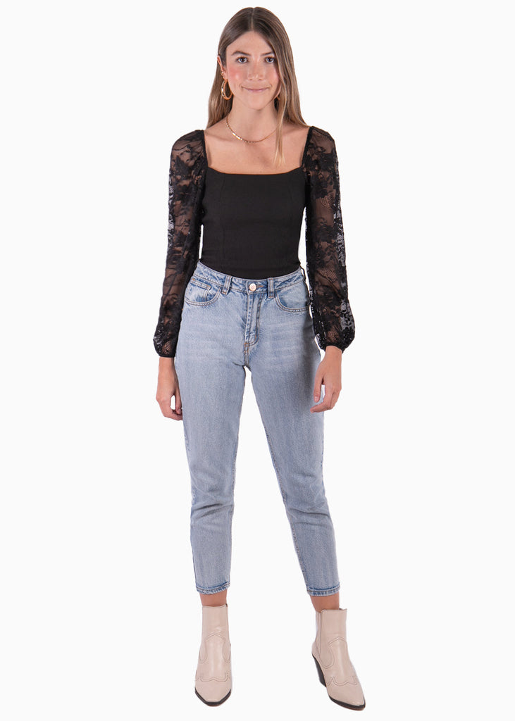 Blusa manga larga en encaje con escote cuadrado para mujer - Flashy