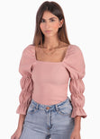 Blusa manga larga con escote cuadrado y recogidos en mangas color rosado para mujer - Flashy