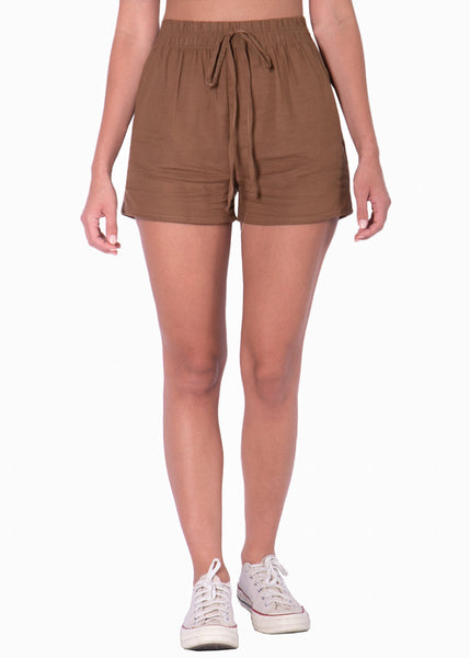 Short de tiro alto con elástico en cintura color café para mujer - Flashy
