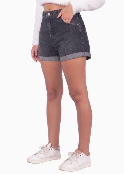 Short mom color negro, denim para mujer - Flashy
