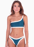 Top de vestido de baño de un solo hombro con contraste de color color azul para mujer - Flashy